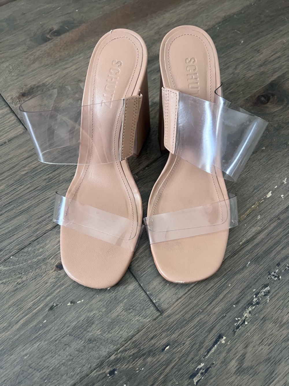 SCHUTZ Blush Nude Clear Strap Block Heel Sandals